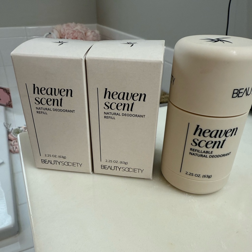 BEAUTY SOCIETY HEAVEN SCENT NATURAL DEODORANT REFILLS ( LOT OF 2) plus HOLDER